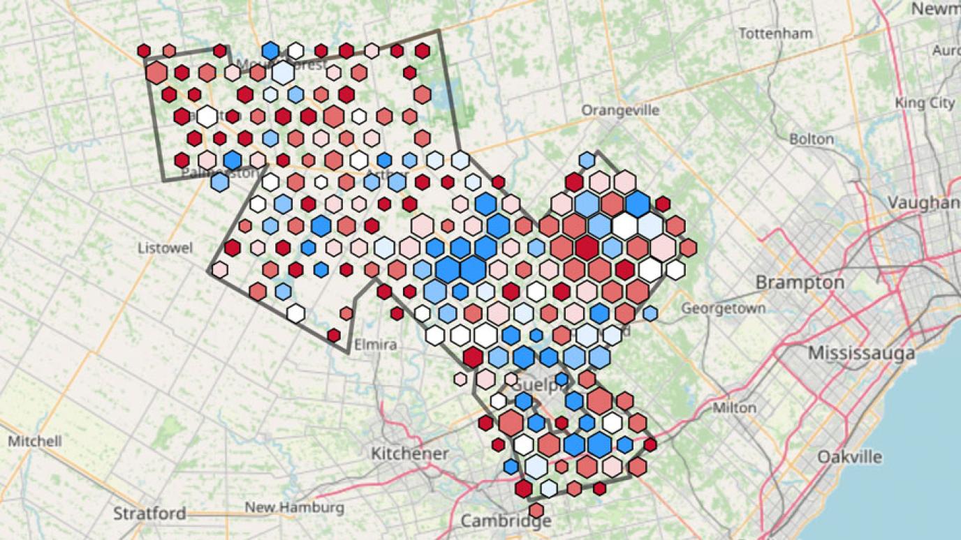 Map outline of Wellington County showing internet speed test results by colour