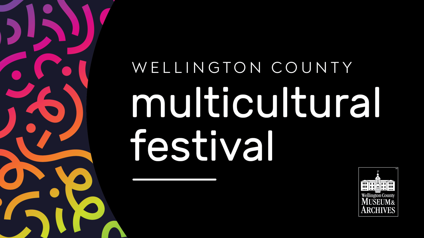 Text reads: Wellington County Multicultural Festival. Overlayed against a black background with a decorative gradient of brightly coloured shapes