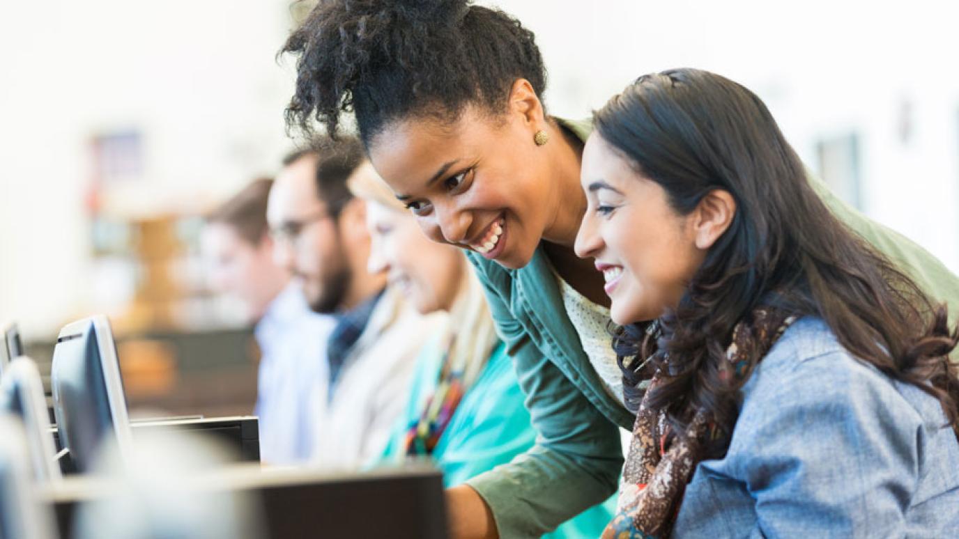 Diverse female adults using computers during a workshop