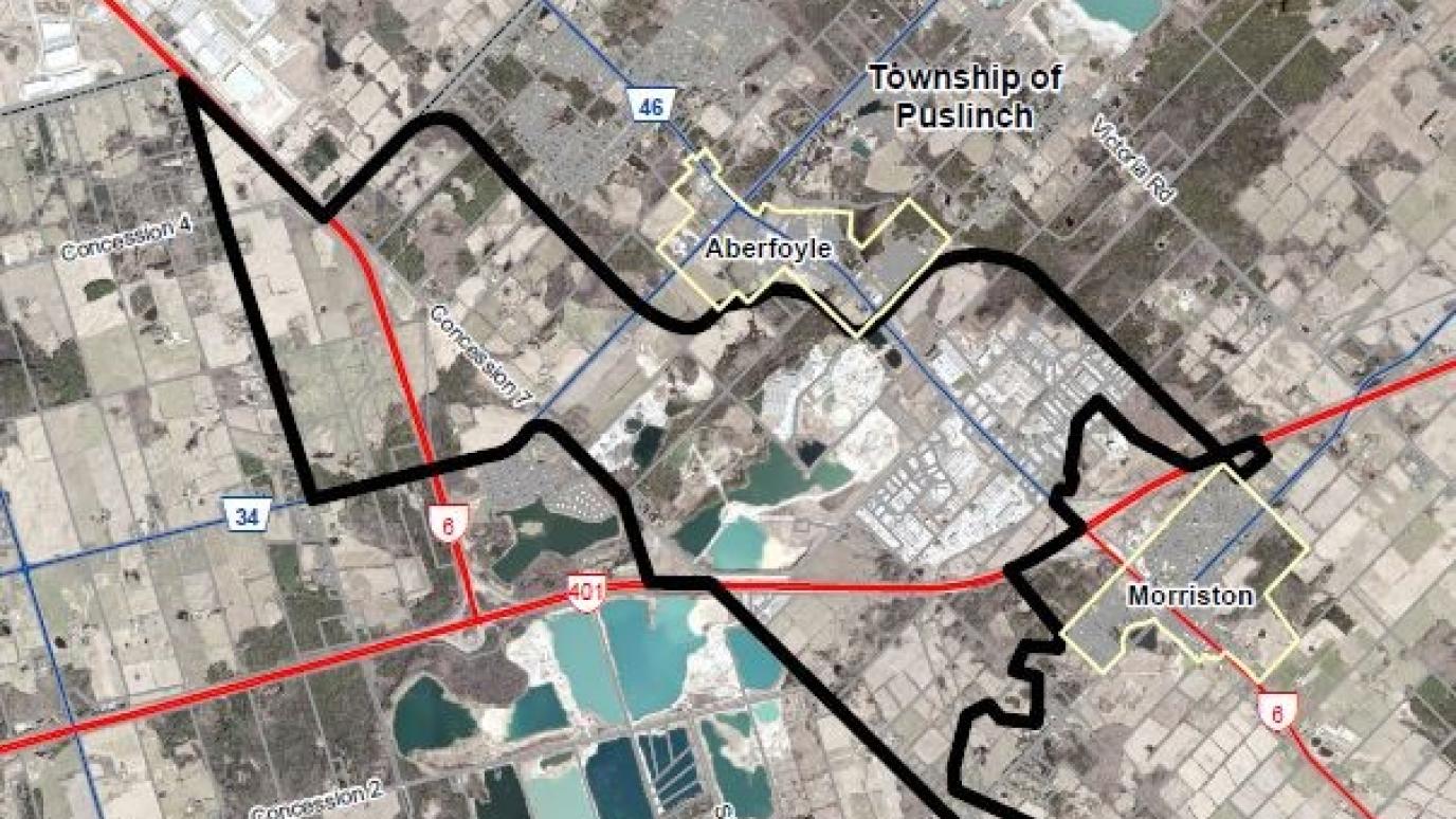 Map of the Puslinch area with the study lands outlined.
