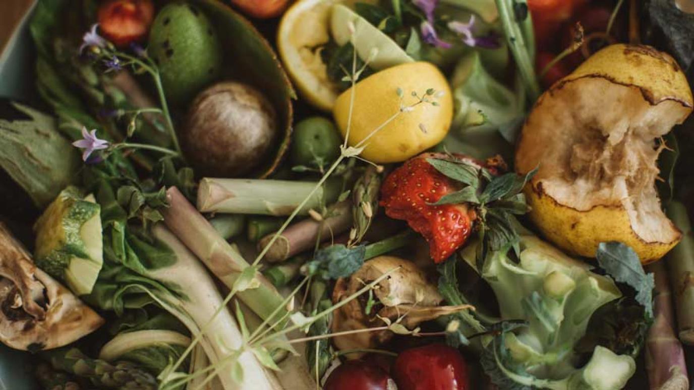 Close up of vegetables and fruit remnants ready for making compost