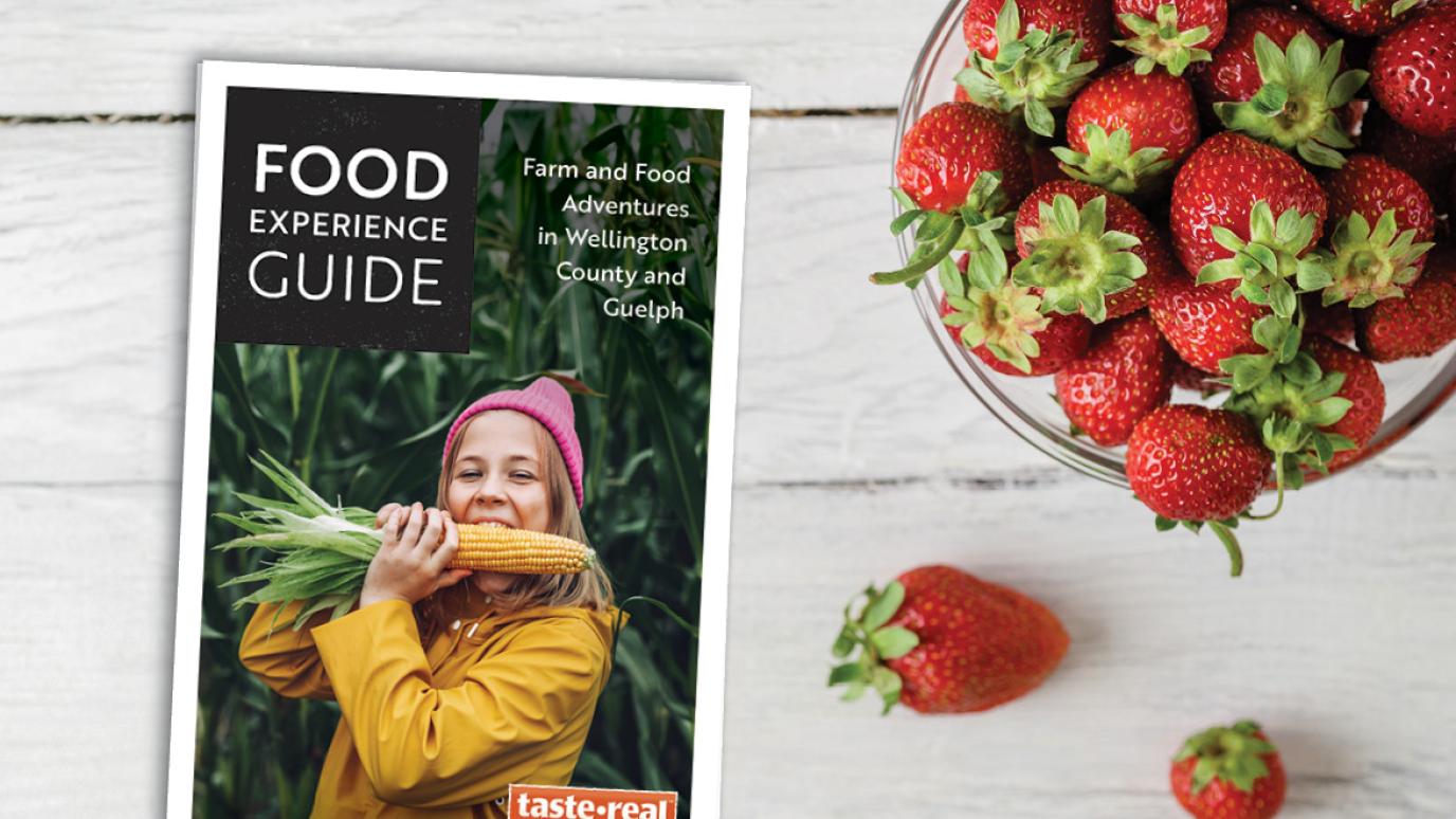 Food Experience Guide laid on a table next to bowl of fresh strawberries