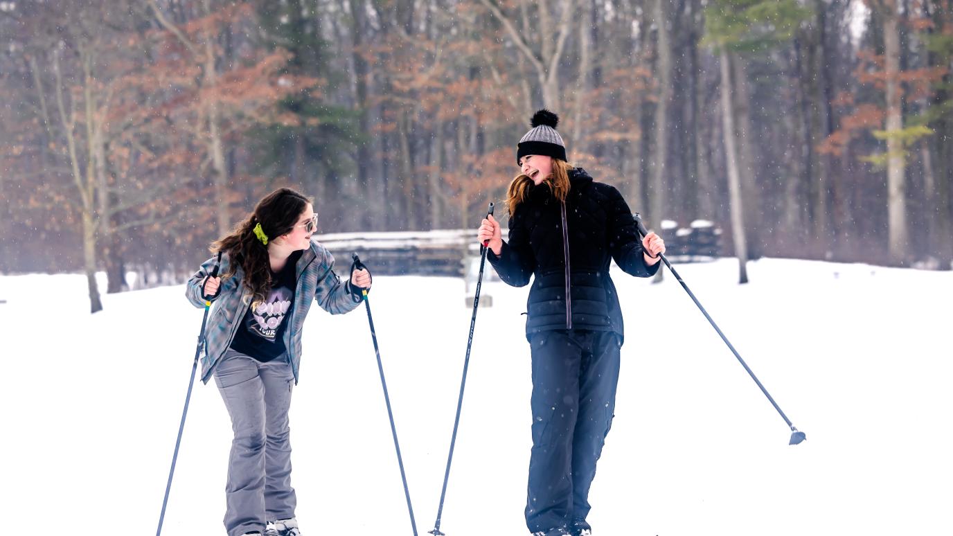 two people cross country skiing in a forest