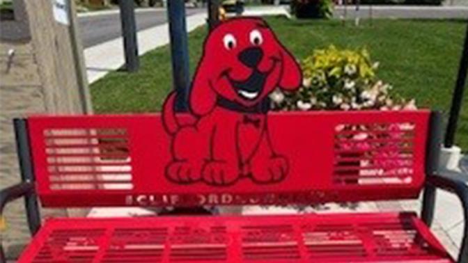 red bench outside with red dog