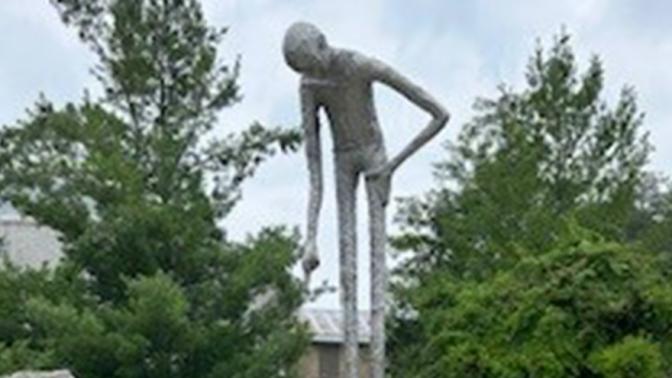 silver tall man statue in a park