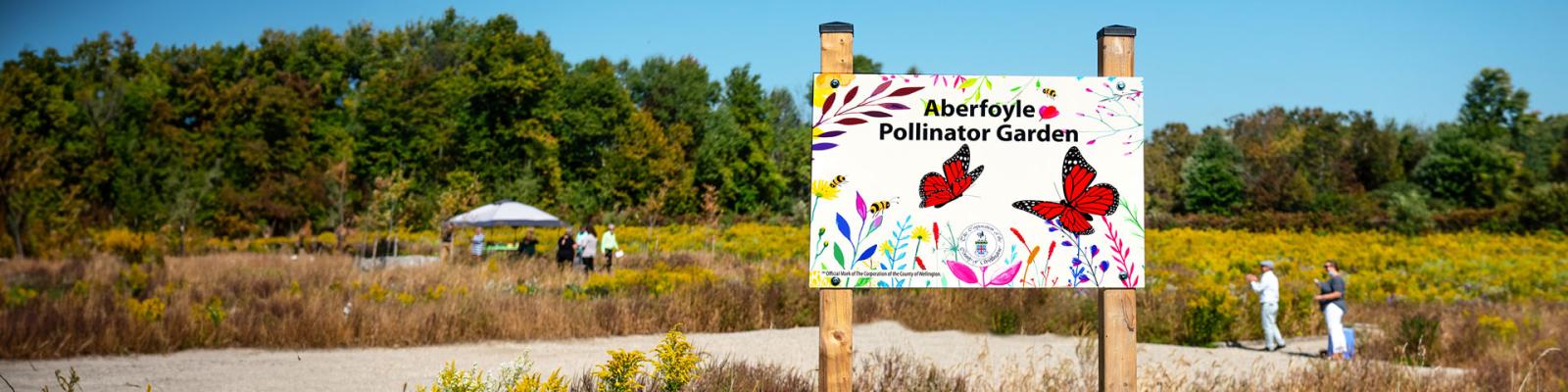 Sign with flower and butterflies reading Aberfoyle Pollinator Garden stands in the foreground showing gardens and forest and a a few people gathering under atent in the distance. A beautiful summer day.