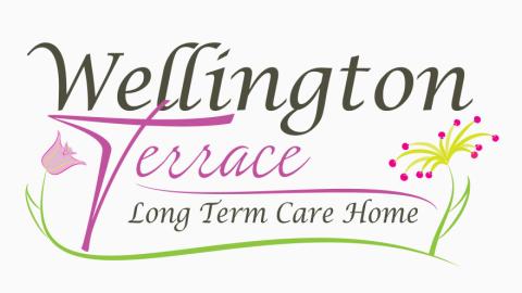 Wellington Terrace Long Term Care Home logo with scripted text and two floral illustrations