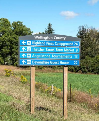 Wellington County blade signs mounted at the side of the road, listing local businesses and distance to them