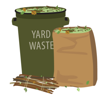 Illustration showing a garbage can and yard bag filled with yard waste next to a bundle of sticks