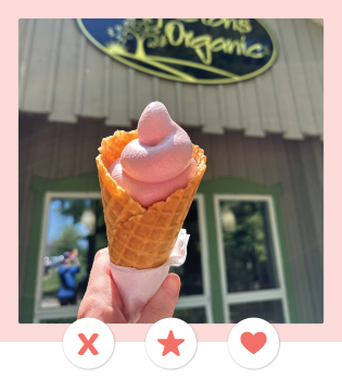 Mock dating profile image featuring a hand holding up a waffle cone with pale pink ice cream in it in front of the Mapleton's Organic sign.Three icons appear at the bottom of the image, next to a light pink border.