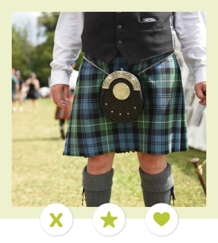 Mock dating profile image featuring the bottom half of an individual standing outside in a green and blue kilt. Three icons appear at the bottom of the image, next to a light lime green border.