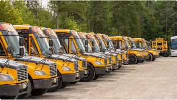 A line of dozens of yellow school buses evenly parked in a gravel parking lot.