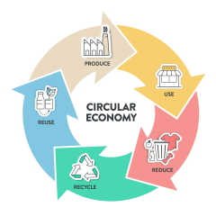 Circular Economy strategy infographic diagram showing 5 steps: produce, use, reduce, recycle and reuse.