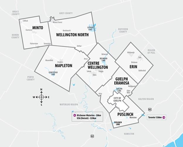 Map showing the municipalities within Wellington County as well as the City of Guelph