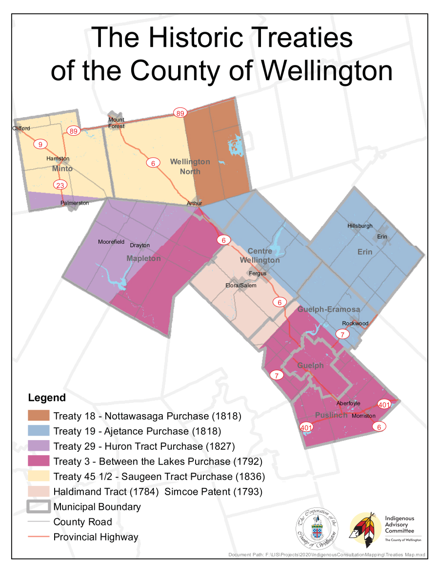 Map of Wellington County outlined by the historic treaties