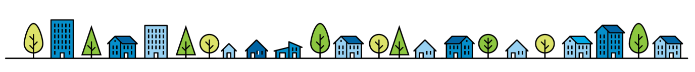 A slim narrow boarder graphic of a bunch of houses and trees side by side in colours of blue and green. 